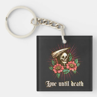 Porte-clés Crâne floral et rose avec texte Amour jusqu'à la m