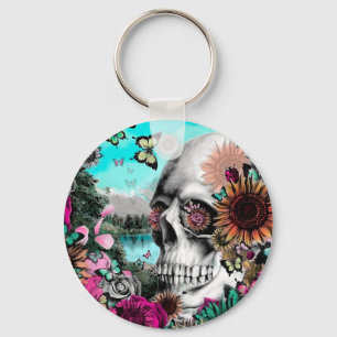 Porte-clés Crâne lunatique de paysage avec floral