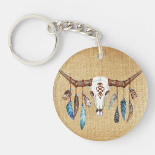 Porte-clés Crâne occidental aquarelle avec des plumes