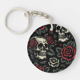 Porte-clés Crânes et roses rouges florale gothique