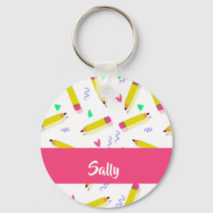 Porte-clés Crayons et rayures jaunes sur blanc