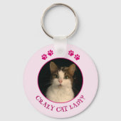 Porte-clés Crazy cat lady photo texte personnalisé rose (Recto)