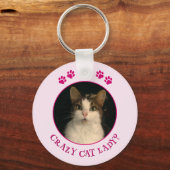 Porte-clés Crazy cat lady photo texte personnalisé rose (Recto)