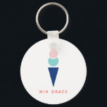 Porte-clés Crème glacée moderne en bleu et rose<br><div class="desc">Parfaits comme cadeau de fête,  ces porte-clés personnalisées avec un cône de crème glacée coordonnent avec la collection de crème glacée de Parcel Studio. La couleur du nom et du texte est personnalisable.</div>