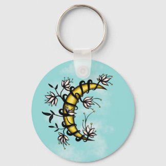 Porte-clés Crescent Lune Enveloppée Dans Fleurs Tatouage Styl
