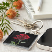 Porte-clés Crimson sur l'ébène : La rose rouge unique, (Devant Droit)