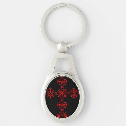 Porte-clés Croix avec ornement rouge, Art décoratif sacré (Devant)