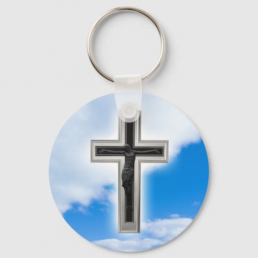 Porte-clés Croix chrétienne à ciel bleu arrière - plan (Recto)