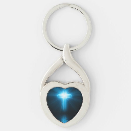 Porte-clés Croix chrétienne en lumière bleue (Devant)
