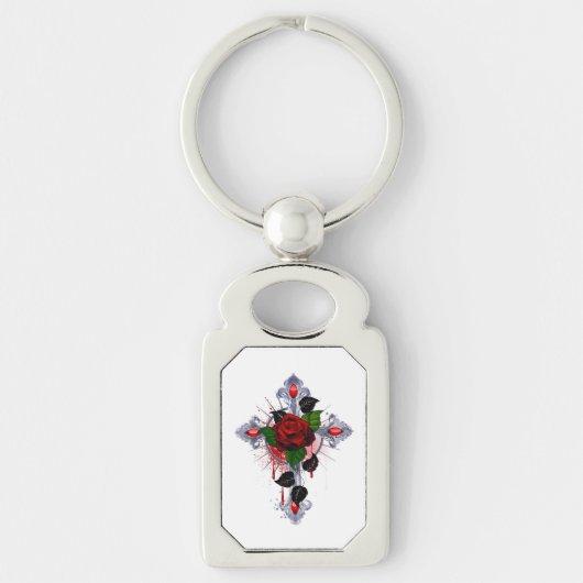 Porte-clés Croix d'argent avec une rose rouge (Devant)