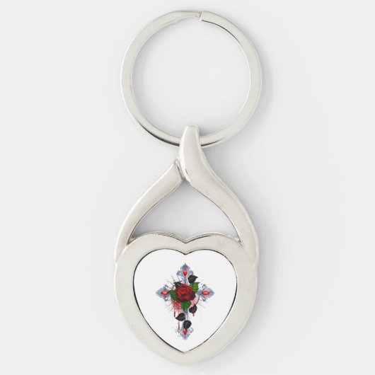 Porte-clés Croix d'argent avec une rose rouge (Devant)
