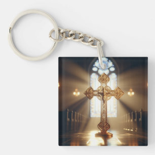 Porte-clés Croix d'or avec Crucifix