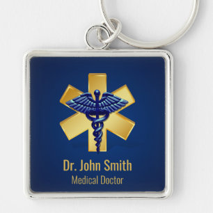 Porte-clés Croix d'or bleue Médicale 3D Caduceus
