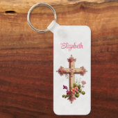 Porte-clés Croix en bois élégante aux fleurs roses (Recto)