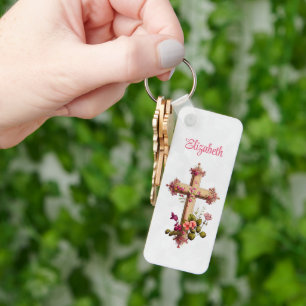Porte-clés Croix en bois élégante aux fleurs roses