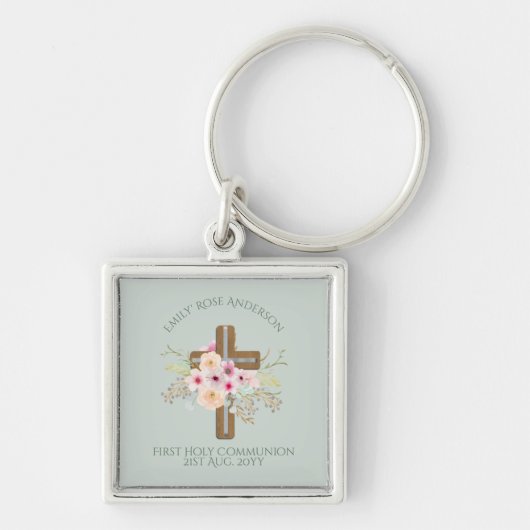 Porte-clés Croix florale personnalisée de la Sainte Communion (Devant)