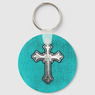 Porte-clés Croix métallique turquoise
