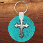 Porte-clés Croix métallique turquoise (Recto)
