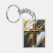 Porte-clés Croix noire et Marbre blanc dévoilée avec or (Devant gauche)
