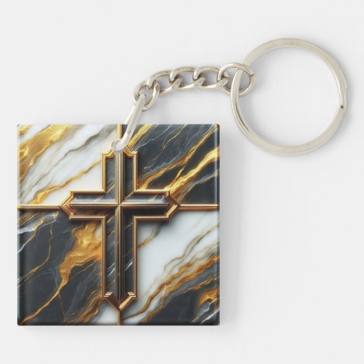 Porte-clés Croix noire et Marbre blanc dévoilée avec or (Dos)
