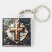 Porte-clés Croix noire et Marbre blanc dévoilée avec or (Dos)