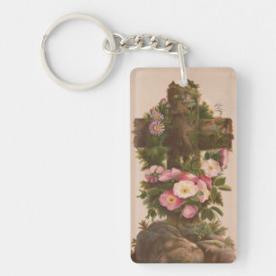 Porte-clés Croix rustique antique, roses sauvages, carte de P