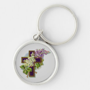 Porte-clés Croix Violette Et Fleurs