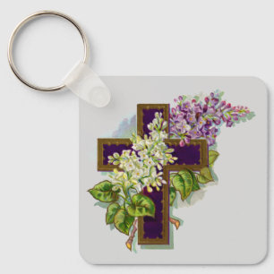 Porte-clés Croix Violette Et Fleurs
