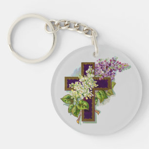 Porte-clés Croix Violette Et Fleurs