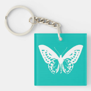 Porte-clés Croquis de papillon, bleu turquoise et blanc