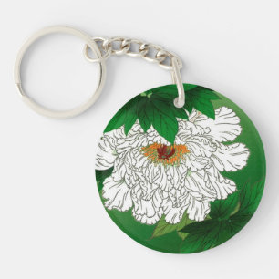 Porte-clés Croquis japonais vintage de grande pivoine blanche