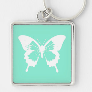 Porte-clés Croquis papillon, aqua et blanc