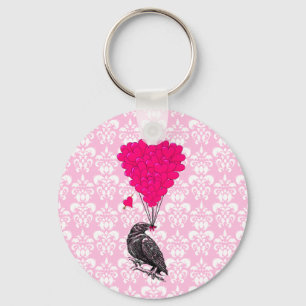 Porte-clés Crow et coeur sur damas rose