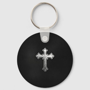 Porte-clés Crucifix métallique sur cuir noir