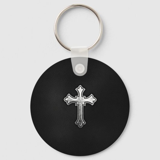 Porte-clés Crucifix métallique sur cuir noir (Recto)