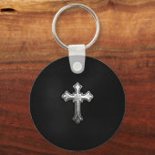 Porte-clés Crucifix métallique sur cuir noir (Recto)