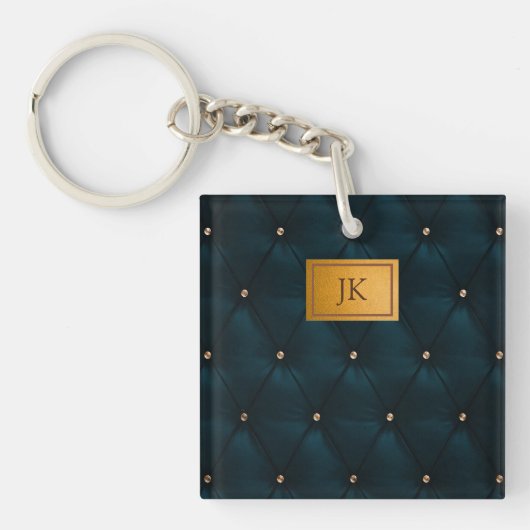 Porte-clés Cuir Vert Élégant, Diamants, Monogramme (Devant)