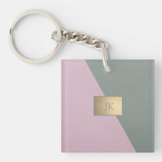 Porte-clés Cuir vert rose élégant, Monogramme (Devant)