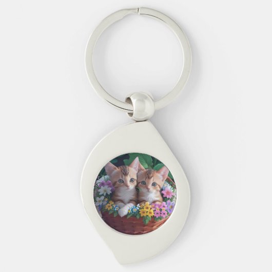 Porte-clés Cuisinement Cute Kittens dans un panier à fleurs (Devant)