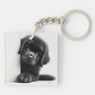 Porte-clés Curieux chiot Terre-Neuve noir qui regarde
