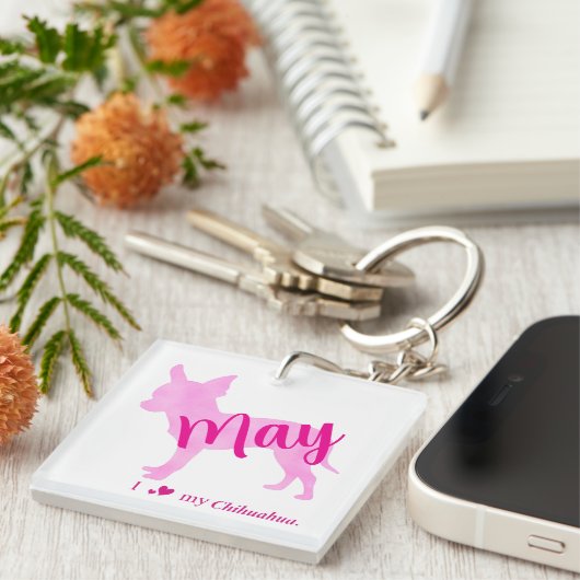 Porte-clés Custom Chihuahua Keychain Pastel Pink Silhouette (Devant Droit)