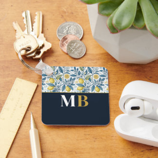 Porte-clés Custom Elegant Mediterranean Lemon Botanical Navy