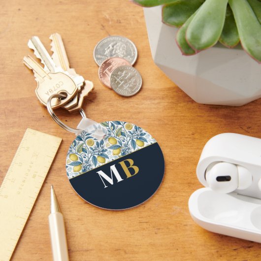 Porte-clés Custom Elegant Mediterranean Lemon Botanical Navy (Bureau)