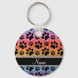 Porte-clés Custom name bright rainbow glitter black dog paws