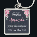 Porte-clés Custom Name Rose Message for Daughter from Mom<br><div class="desc">Surprise your daughter with a gift that perfectly showcases your love and affection. This custom name soft pink roses message design features a stunning gray background pendant with her name in an elegant soft pink script and a heartfelt message from Mom. A meaningful keepsake she'll cherish for years to come,...</div>