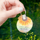 Porte-clés Custom Name Yoga Instructor Sunflower<br><div class="desc">This modern botanical Yoga Instructor Keychain is decorated with a yellow sunflower on a watercolor background.
Easily customizable.
Use the Design Tool to change the text size,  style,  or color.
As we create our artwork you won't find this exact image from other designers.
Original Watercolor © Michele Davies.</div>