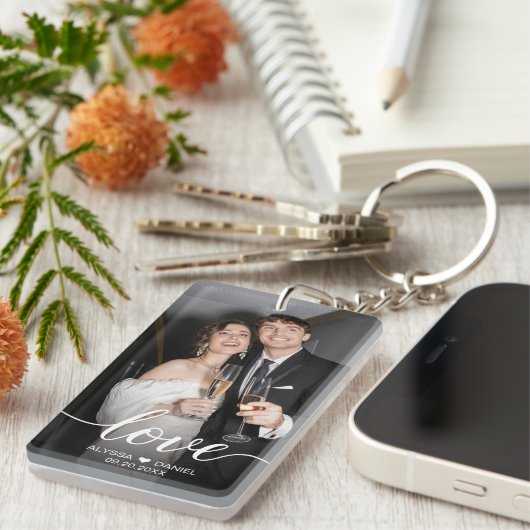 Porte-clés Custom Photo Love script Mariage faveurs (Devant droit)