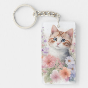 Porte-clés Cute Aquarelle Kitten avec Floral