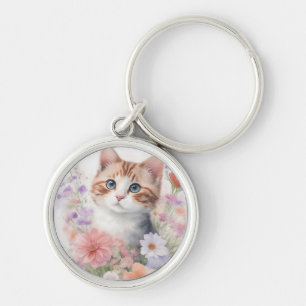 Porte-clés Cute Aquarelle Kitten avec Floral