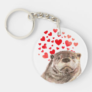 Porte-clés Cute Aquarelle Otter Coeurs Aimer Humour animal Ke